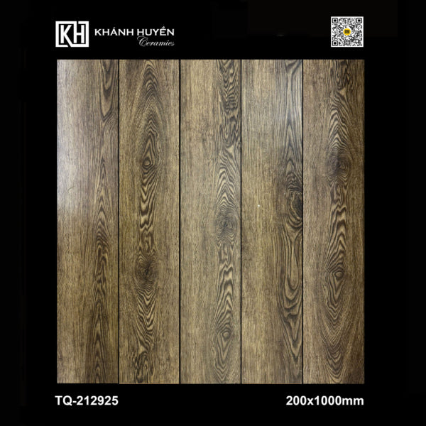 Gạch vân gỗ màu nâu sẫm, kích thước 200x1000mm, gồm các đường vân tự nhiên.