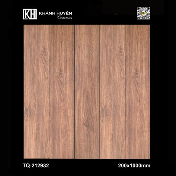 Gạch giả gỗ màu nâu, vân gỗ tự nhiên, kích thước 200x1000mm, có logo Khánh Huyền.