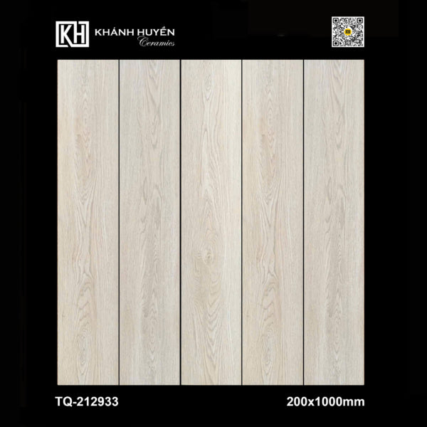 Gạch vân gỗ trắng nhạt, kích thước 200x1000mm, gồm 5 tấm thẳng đứng trên nền đen.