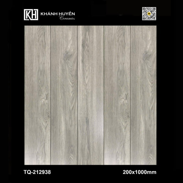 Gạch vân gỗ màu xám nhạt, kích thước 200x1000 mm, bề mặt vân gỗ tự nhiên.