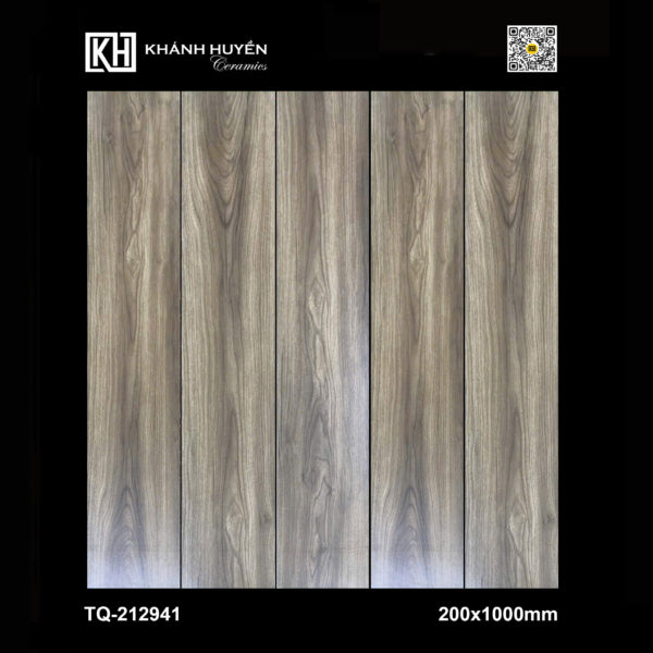 Gạch vân gỗ màu nâu xám, kích thước 200x1000mm, họa tiết vân tự nhiên, bề mặt mịn.