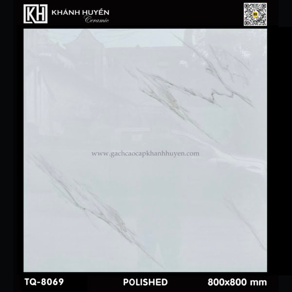 Gạch men trắng bóng vân xám nhạt, kích thước 800x800 mm, thương hiệu Khánh Huyền.