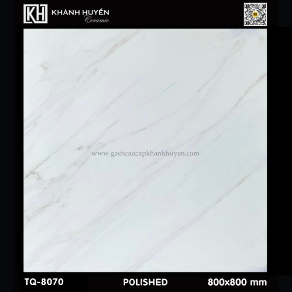 Gạch men bóng trắng với vân xám nhạt, kích thước 800x800 mm, thương hiệu Khánh Huyền.