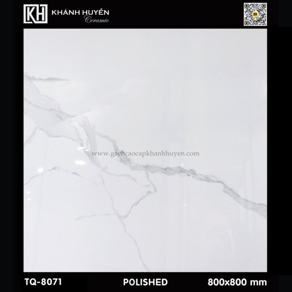 Gạch men trắng bóng với vân xám, kích thước 800x800 mm, mã TQ-8071.