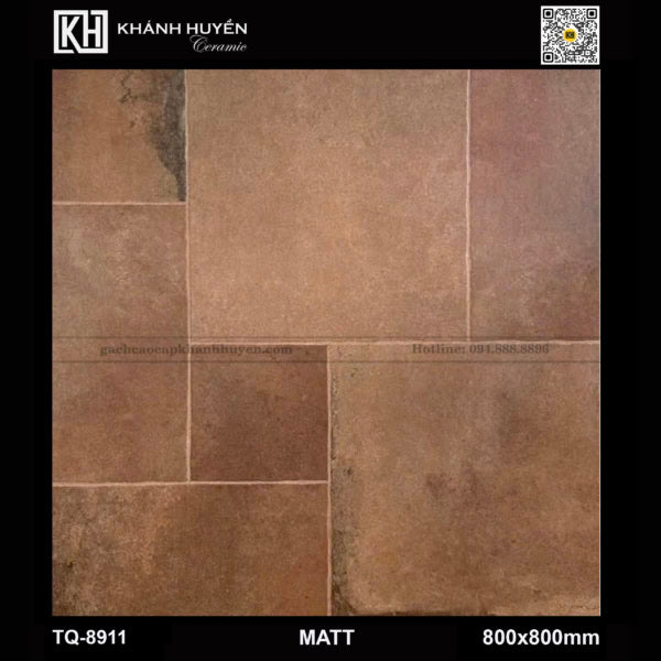 Gạch lát nền màu nâu đất với bề mặt mờ, kích thước 800x800mm, bố cục hình chữ nhật.