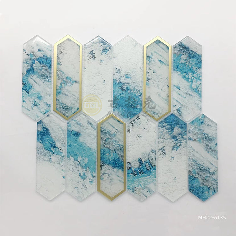 Gạch mosaic kính pha lê xanh họa tiết phối viền bạc và cạnh vàng