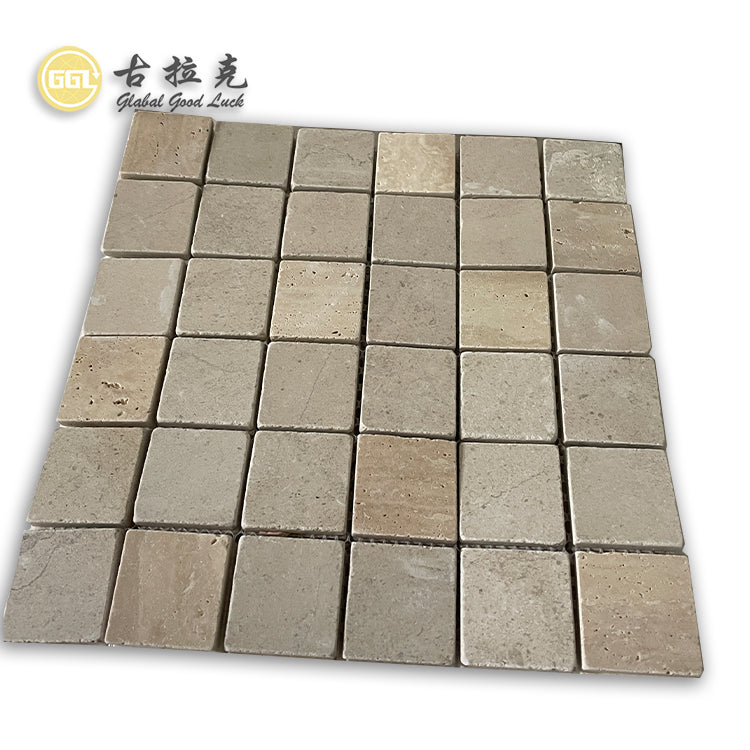 Đại hạ giá Gạch mosaic đá Travertine màu be cổ điển hình vuông để trang trí ngoài trời