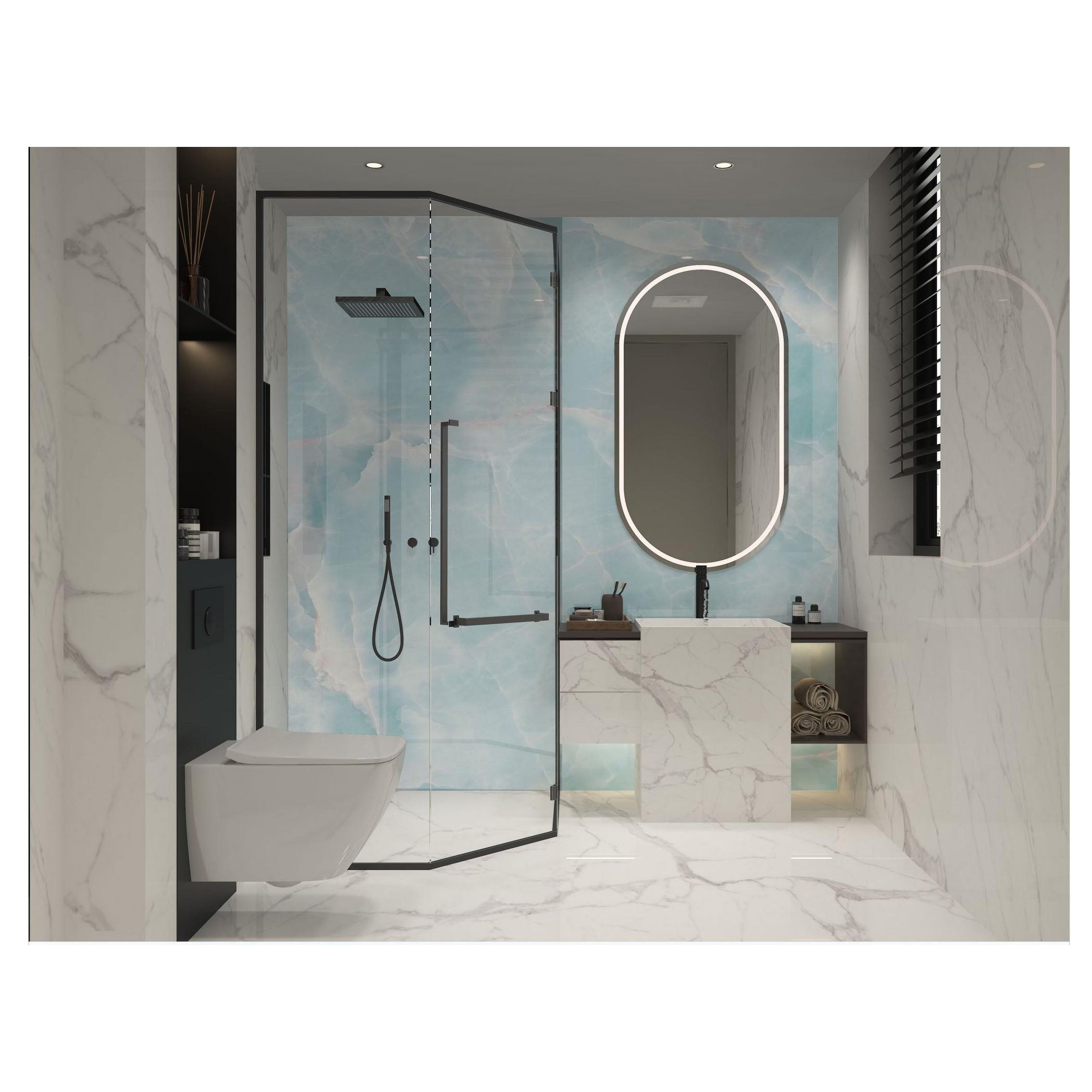 Tấm và Gạch Đá Nung Kết Sứ Khổ Lớn, Thiết Kế Vân Đá Cẩm Thạch Mới Nhất, Màu Xanh Dương Đánh Bóng, Dùng Ốp Tường Lát Sàn