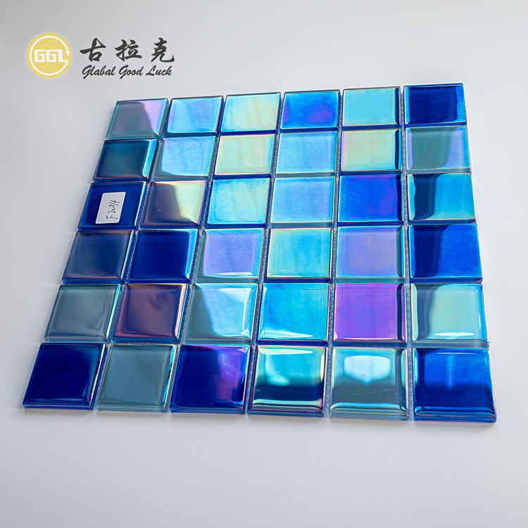 Gạch Mosaic Thủy Tinh Xanh Dương Óng Ánh Lấp Lánh Hình Vuông Bề Mặt Bóng Lý Tưởng Để Trang Trí Tường Khách Sạn Khu Vực Hồ Bơi