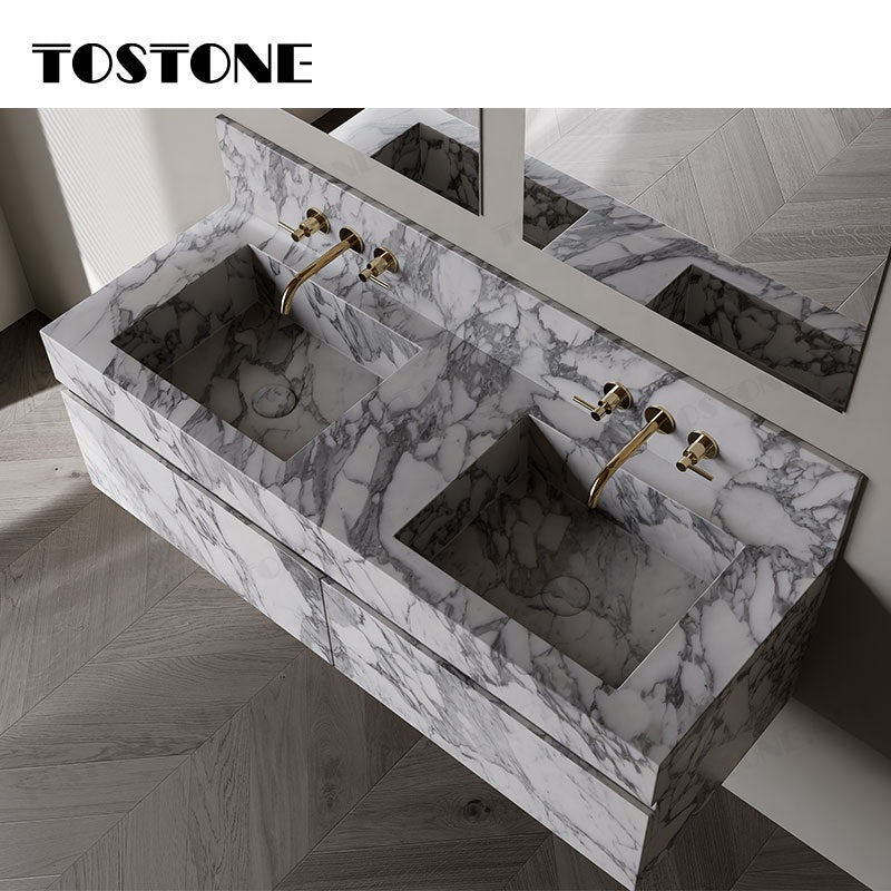 Tostone Mặt bàn trang điểm phòng tắm gắn tường Đá cẩm thạch Arabescato Corchia tự nhiên đẹp cho Phòng vệ sinh nhỏ Đồ nội thất tùy chỉnh