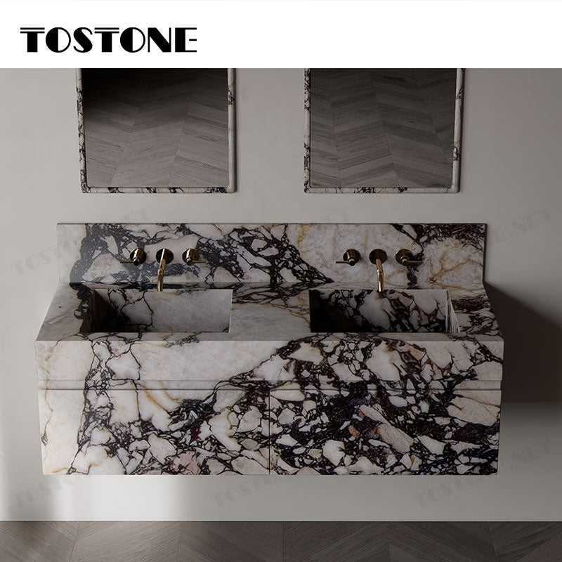 Tostone Khuyến mãi lớn Bộ tủ chậu rửa mặt đá cẩm thạch Calacatta Viola Sang trọng cho trang trí nội thất phòng tắm hiện đại tại nhà ở, biệt thự, khách sạn