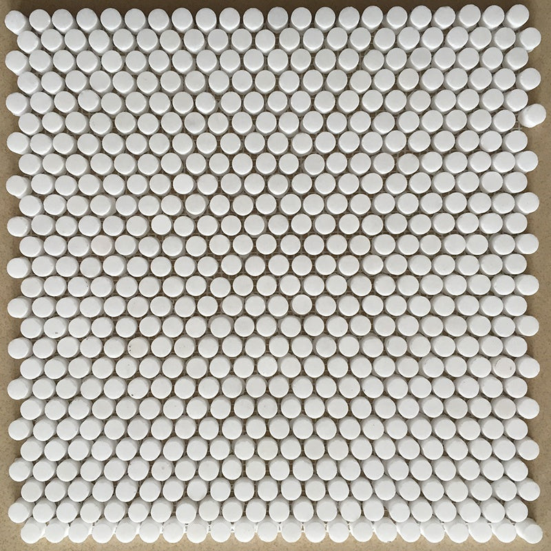 Gạch ốp lát nội thất mosaic hình đồng xu tròn bằng đá cẩm thạch trắng Thassos Mini dùng để trang trí tường và sàn phòng tắm.
