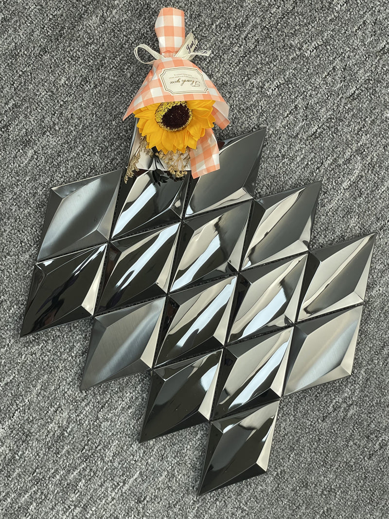Trang trí tường nền nội thất KTV họa tiết vuông mosaic kim loại lõm kim cương đen hiện đại, tạo kiểu tường phong cách vân gỗ