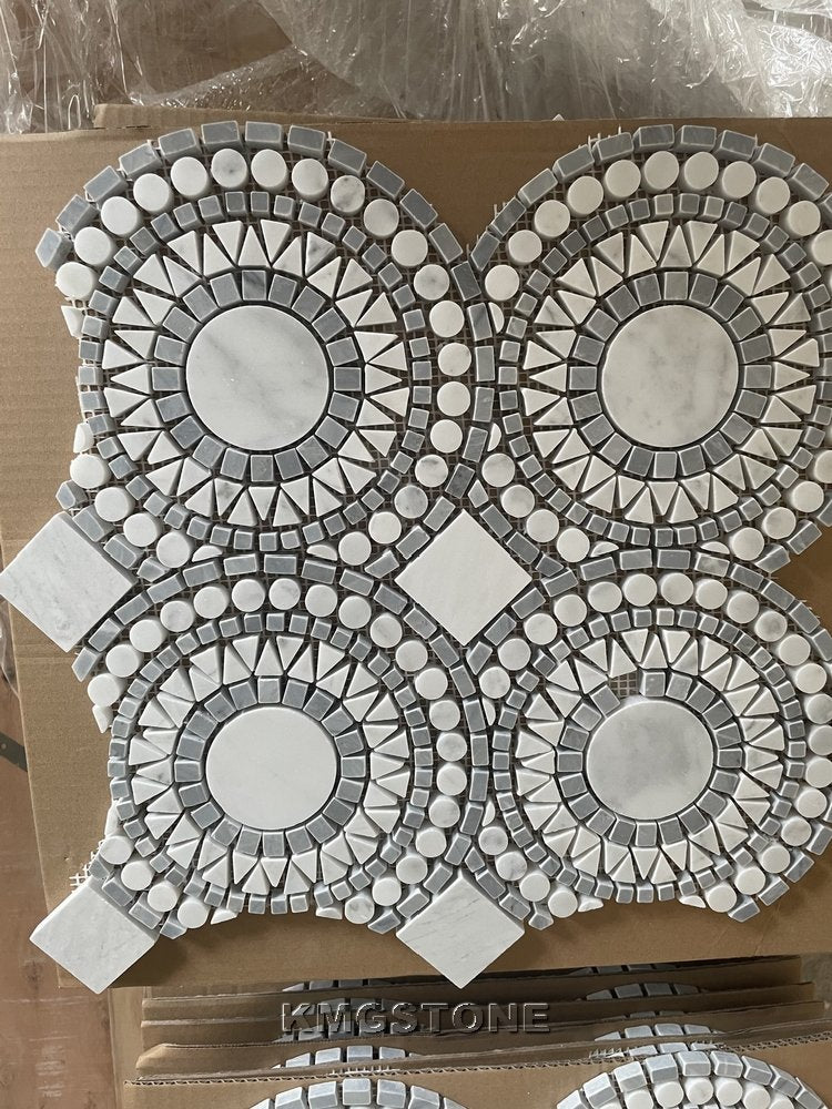 Soulscrafts Gạch Mosaic Đá Cẩm Thạch Carrara Hình Tròn Đồng Xu Màu Trắng Hiện Đại và Tấm Đá Dolomite Đánh Bóng
