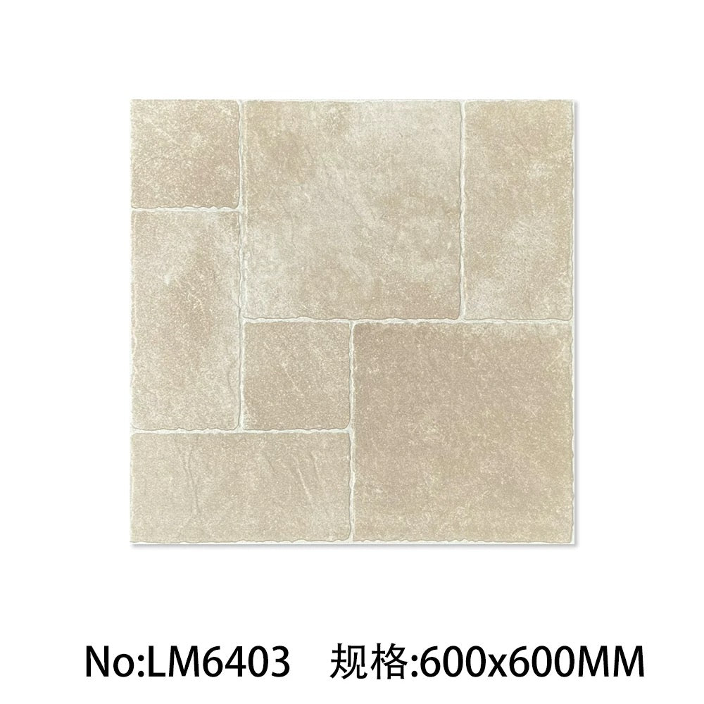 Gạch lát sàn sứ vân đá vôi màu be, bề mặt mờ, hỗn hợp nhiều kích cỡ, cắt vân ngang dùng cho phòng.