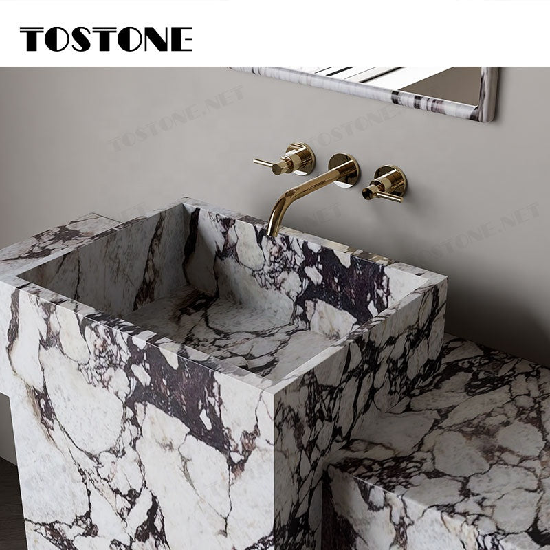 Mặt bàn lavabo phòng tắm đứng độc lập Tostone bằng đá cẩm thạch Calacatta Viola tự nhiên, bề mặt mài, phong cách, dùng trang trí bồn rửa mặt gia đình.