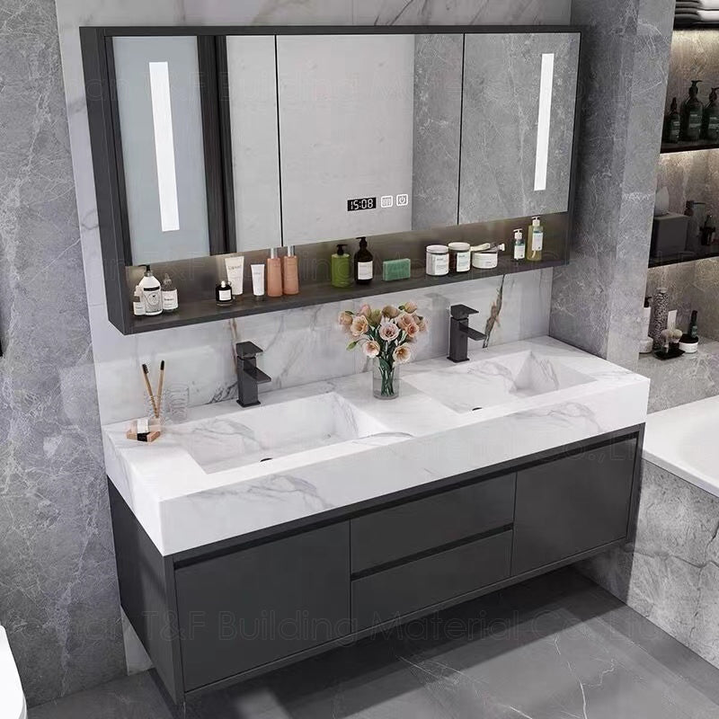 Phòng tắm khách sạn Gỗ tự nhiên sang trọng Tủ lavabo phòng tắm treo tường Tủ gương phòng tắm gỗ dán treo tường