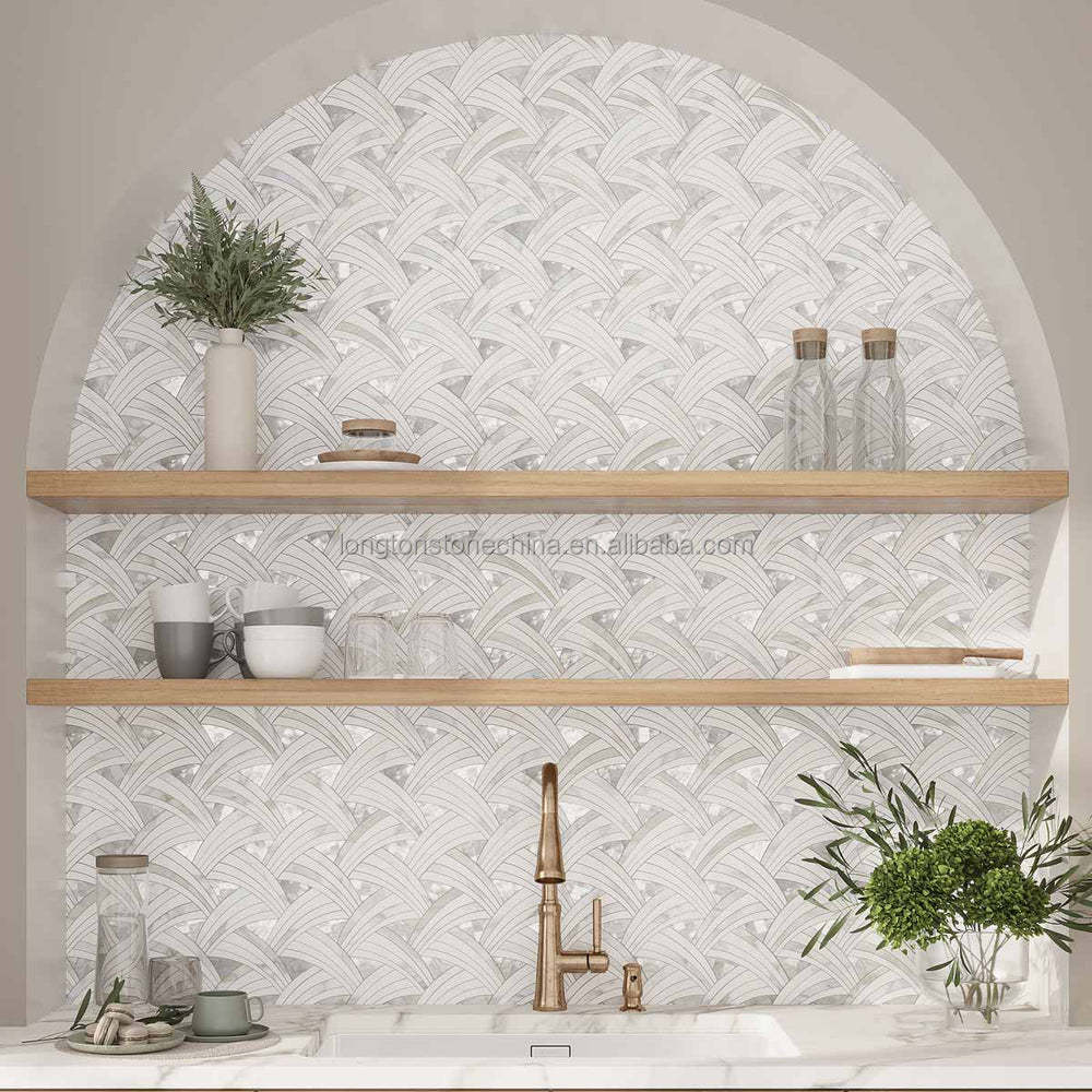 Gạch Mosaic Cắt Tia Nước Ốp Tường Bếp Hỗn Hợp Đá Calacatta Vàng, Đá Cẩm Thạch Trắng Thassos, Mosaic Xà Cừ và Mosaic Vỏ Sò Cánh Buồm