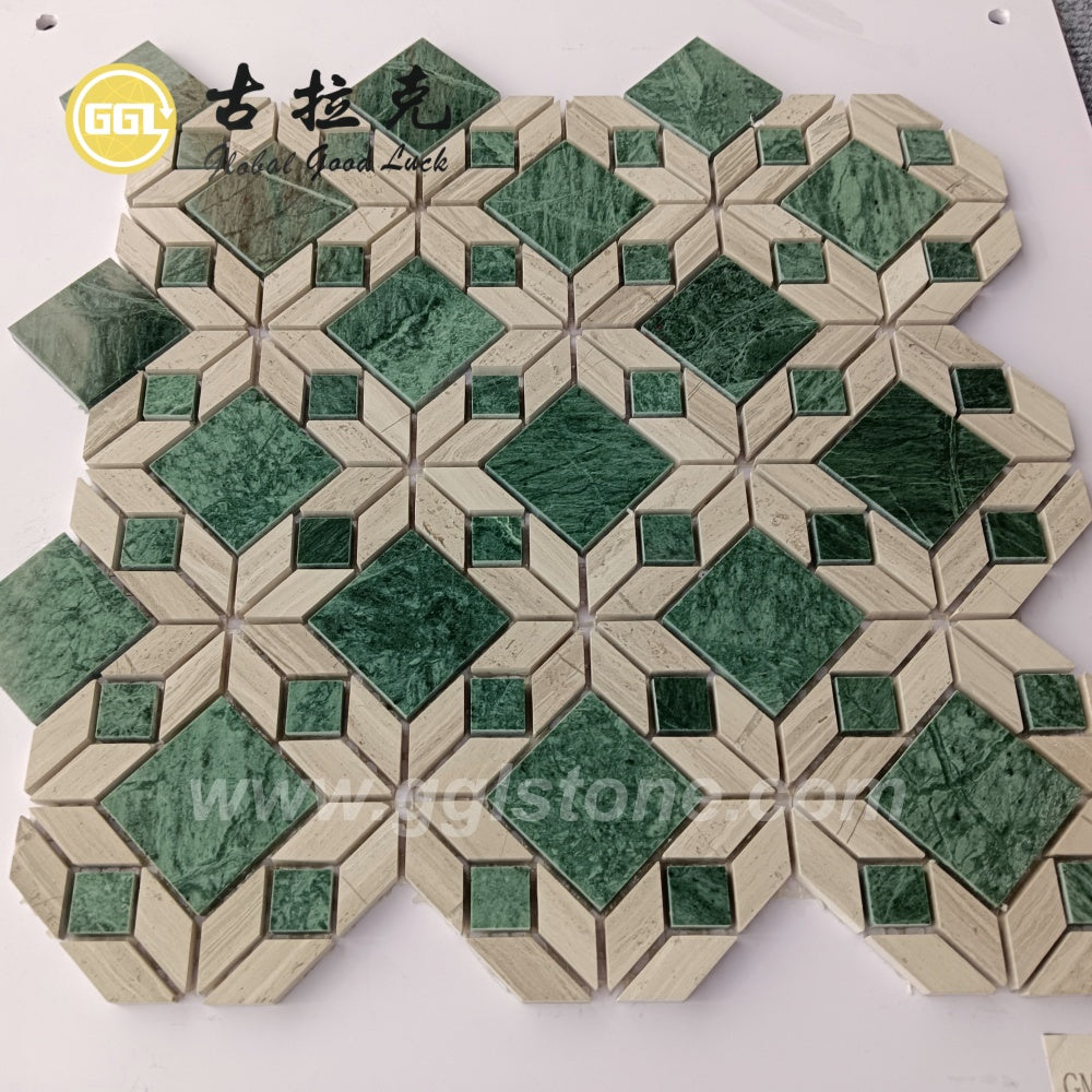 Gạch mosaic đá hoa văn cắt tia nước phối cẩm thạch xanh và vân gỗ