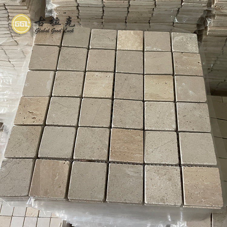 Đại hạ giá Gạch mosaic đá Travertine màu be cổ điển hình vuông để trang trí ngoài trời