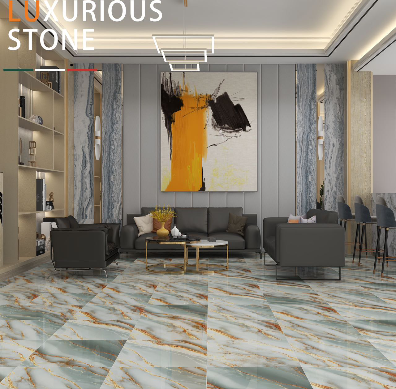 Gạch Sứ Tráng Men Vân Đá Cẩm Thạch Bóng Sang Trọng Hiện Đại 600x600mm Ốp Tường Gạch Nung và Sàn Nội Thất, Điểm Nhấn Kháng Khuẩn