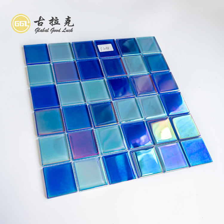 Gạch Mosaic Thủy Tinh Xanh Dương Óng Ánh Lấp Lánh Hình Vuông Bề Mặt Bóng Lý Tưởng Để Trang Trí Tường Khách Sạn Khu Vực Hồ Bơi