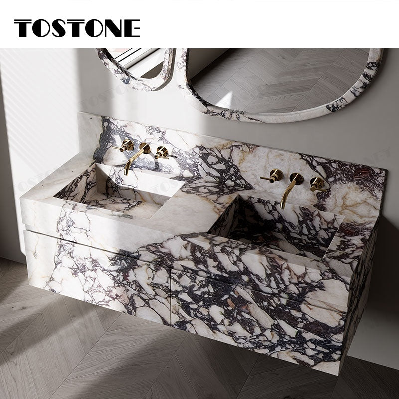 Tostone Mặt bàn lavabo phòng tắm gắn tường bằng cẩm thạch Calacatta Viola tự nhiên sang trọng, nội thất tùy chỉnh dành cho phòng vệ sinh