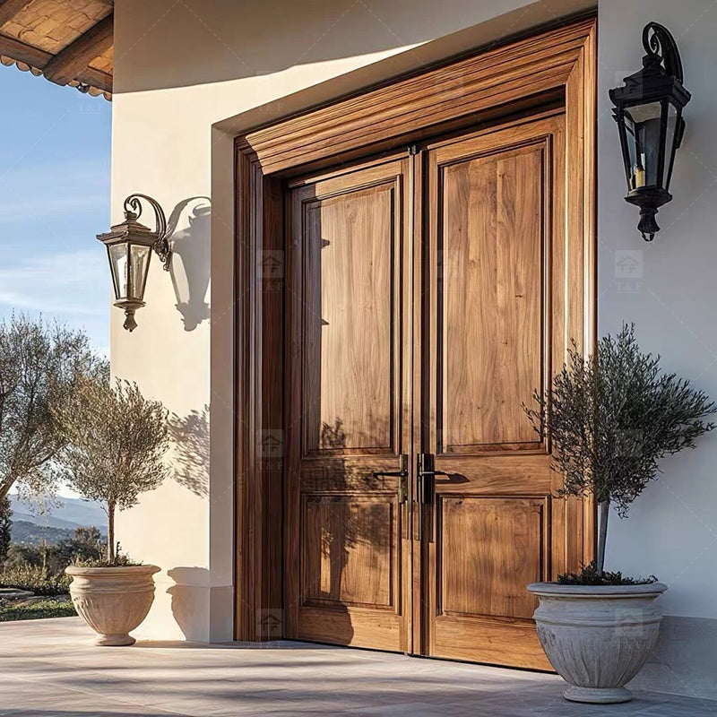 Cửa ra vào chính gỗ cánh đôi thiết kế hiện đại, an ninh ngoài biệt thự, chống thấm nước, bề mặt hoàn thiện.