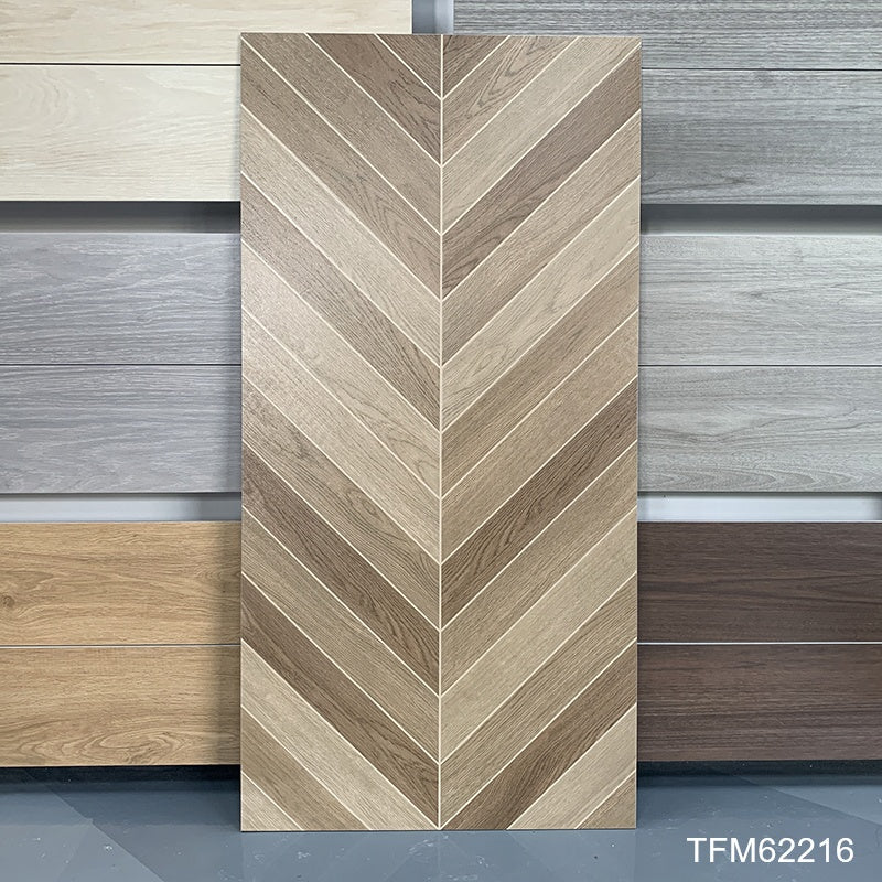 Gạch Porcelain Lát Sàn Giả Gỗ Nâu Men, Bề Mặt Mờ Phong Cách Mộc Mạc, Kích Thước Lớn 600x1200mm Dùng Cho Phòng Khách