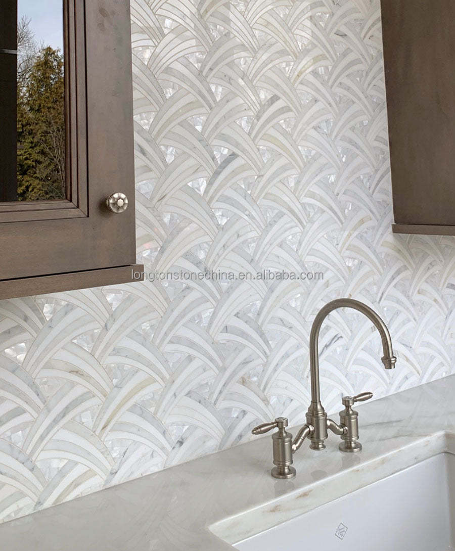 Gạch Mosaic Cắt Tia Nước Ốp Tường Bếp Hỗn Hợp Đá Calacatta Vàng, Đá Cẩm Thạch Trắng Thassos, Mosaic Xà Cừ và Mosaic Vỏ Sò Cánh Buồm