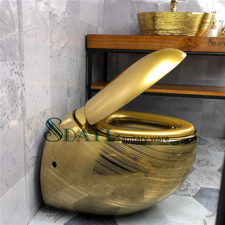 Bồn cầu treo tường hình trứng sang trọng SDAYI Royal Royal gắn tường bằng gốm mạ vàng có bồn chứa nước
