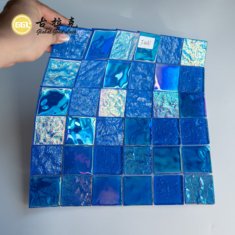 Gạch Mosaic Thủy Tinh Óng Ánh Xanh Dương Bóng Thiết Kế Vuông Dùng Cho Quầy Cà Phê, Tường, Trưng Bày Cửa Hàng Boutique Và Nội Thất