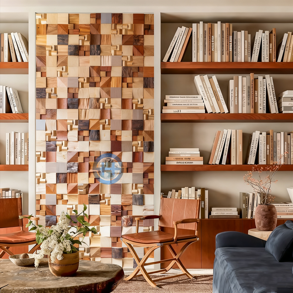 Tấm ốp tường gỗ nguyên khối dạng gạch mosaic 3D, ghép hình nghệ thuật hình học phong cách thiết kế Trung Quốc xu hướng mới, đề can nghệ thuật tái sử dụng