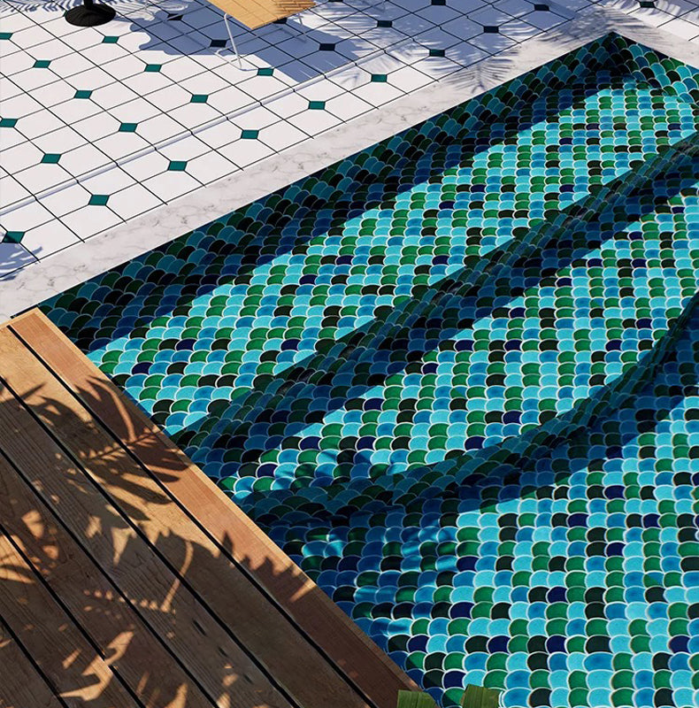 Gạch Mosaic Gốm Sứ Men Rạn Băng Hình Quạt Họa Tiết Vảy Cá Xanh Dương Ốp Tường Phòng Tắm Spa Hồ Bơi