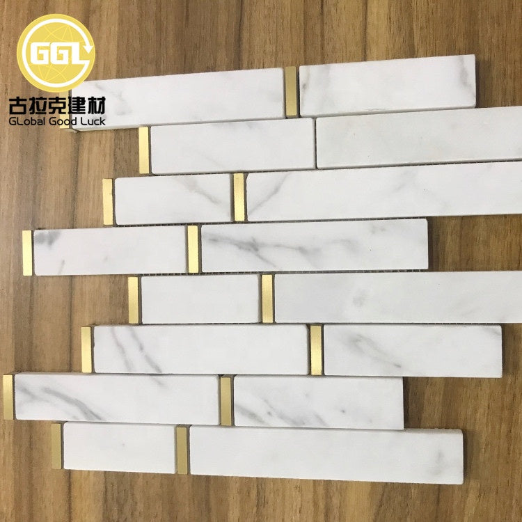 Gạch Mosaic Đá Cẩm Thạch Trắng Carrara Phối Đồng Thau Hình Gạch Ốp Tường Nội Thất