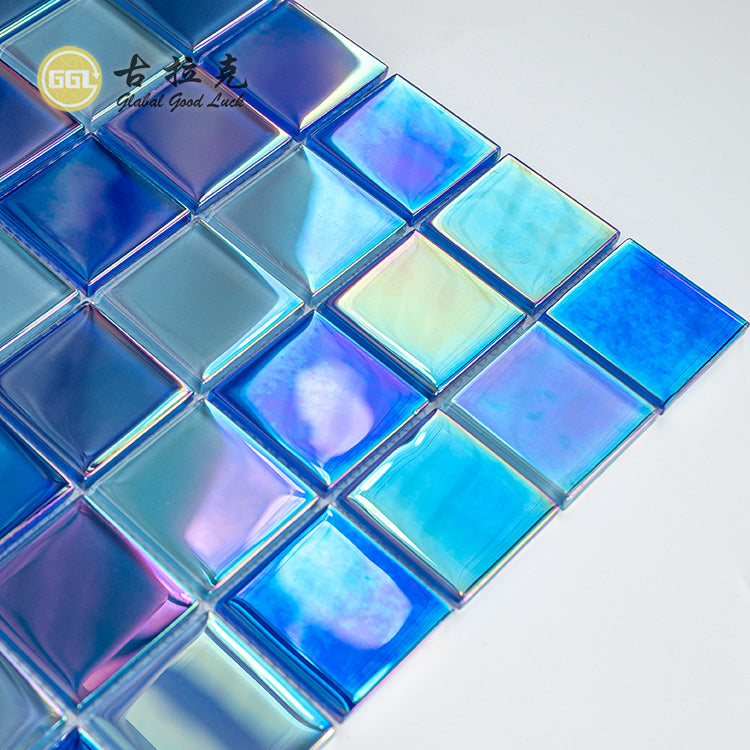Gạch Mosaic Thủy Tinh Xanh Dương Óng Ánh Lấp Lánh Hình Vuông Bề Mặt Bóng Lý Tưởng Để Trang Trí Tường Khách Sạn Khu Vực Hồ Bơi