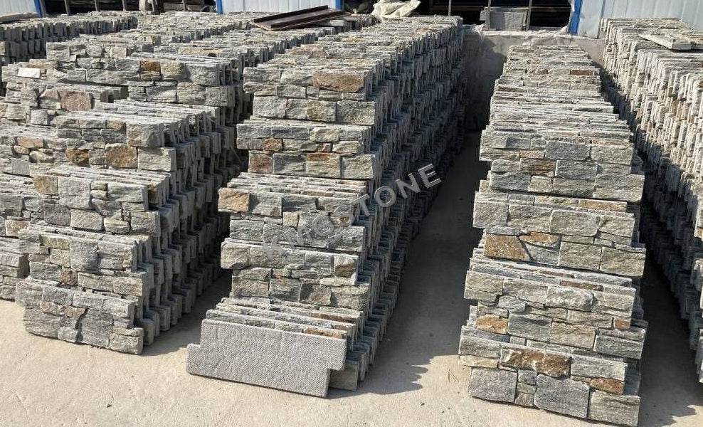 Gạch ốp tường ngoại thất biệt thự khách sạn bằng đá phiến vôi bền, thiết kế thạch anh xanh hiện đại bề mặt chẻ tự nhiên