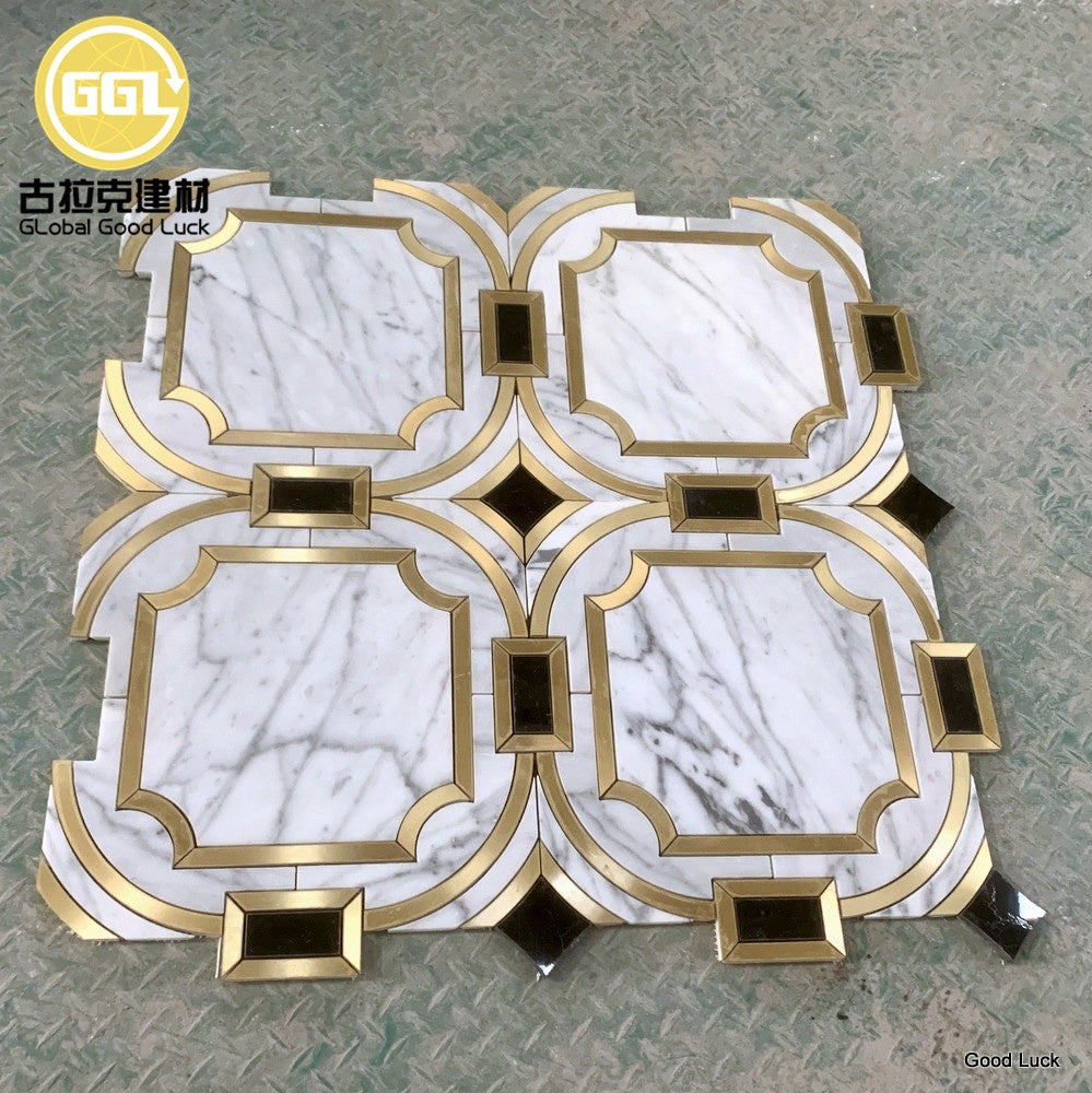 Gạch Mosaic Đá Cẩm Thạch Trắng Calacatta Pha Chỉ Đồng Thiết Kế Hiện Đại