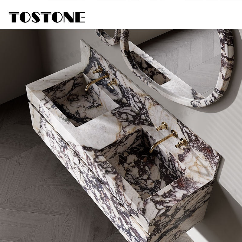 Tostone Mặt bàn chậu rửa phòng tắm gắn tường bằng đá cẩm thạch Calacatta Viola tự nhiên đẹp dành cho nội thất tùy chỉnh phòng vệ sinh nhỏ