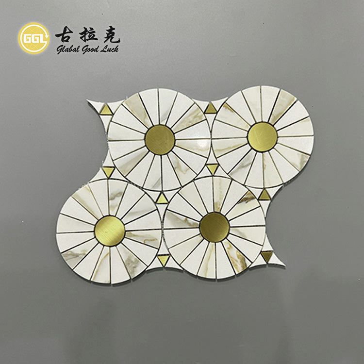 Đá cẩm thạch Calacatta Gold Tròn kết hợp đồng thau Gạch mosaic cắt tia nước 10mm Hoa văn Parquet hiện đại Trang trí tường bếp & biệt thự
