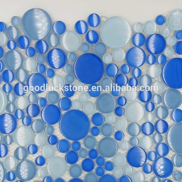 Gạch Goodluck Mosaic kính pha lê hình bong bóng tròn phong cách hiện đại, xanh dương đậm nhạt pha trộn, cho hồ bơi, phòng tắm, nhà bếp, khách sạn.