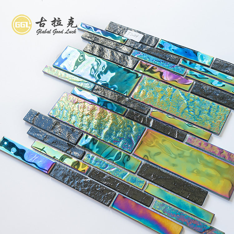 Gạch Mosaic Kính Đen Óng Ánh Cao Cấp, Dạng Dải, Bề Mặt Bóng, Dày 6mm, Dùng Cho Tường Điểm Quầy Bar & Trang Trí Câu Lạc Bộ