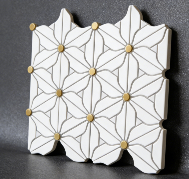 Gạch mosaic kim loại và đá cẩm thạch hình hoa 3D, họa tiết hiện đại, sang trọng, thân thiện môi trường