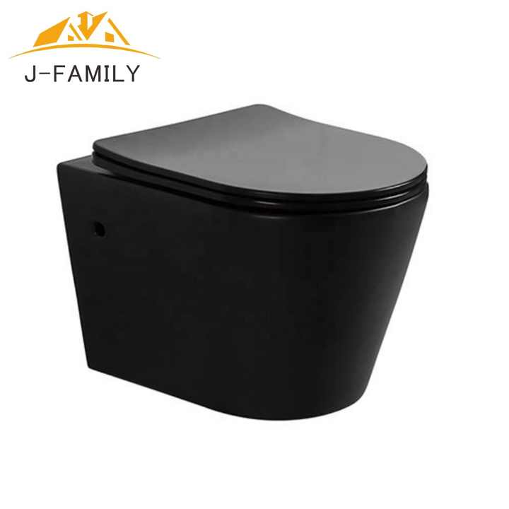 Bồn cầu treo tường không vành kiểu P-trap cỡ nhỏ cho căn hộ chung cư, tráng men mờ màu đen trắng, có nắp đậy UF/pp