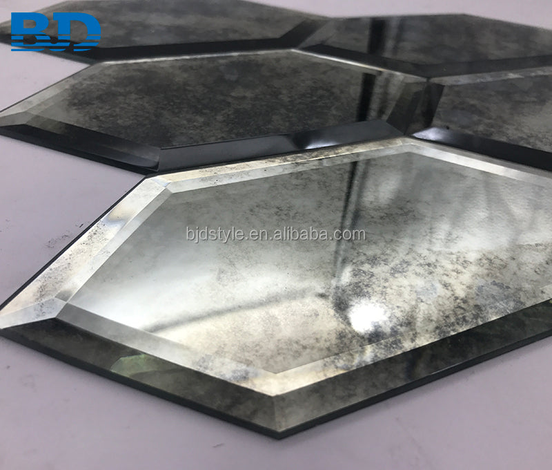 Gạch Gương Cổ Điển Mosaic Lục Giác Dài Vát Cạnh Bóng Mờ Khói Gạch Ốp Tường Gương Tổ Ong Vát Cạnh
