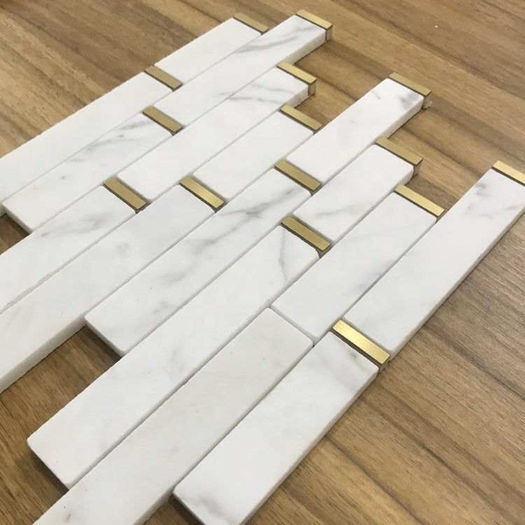Gạch Mosaic Đá Cẩm Thạch Trắng Carrara Phối Đồng Thau Hình Gạch Ốp Tường Nội Thất