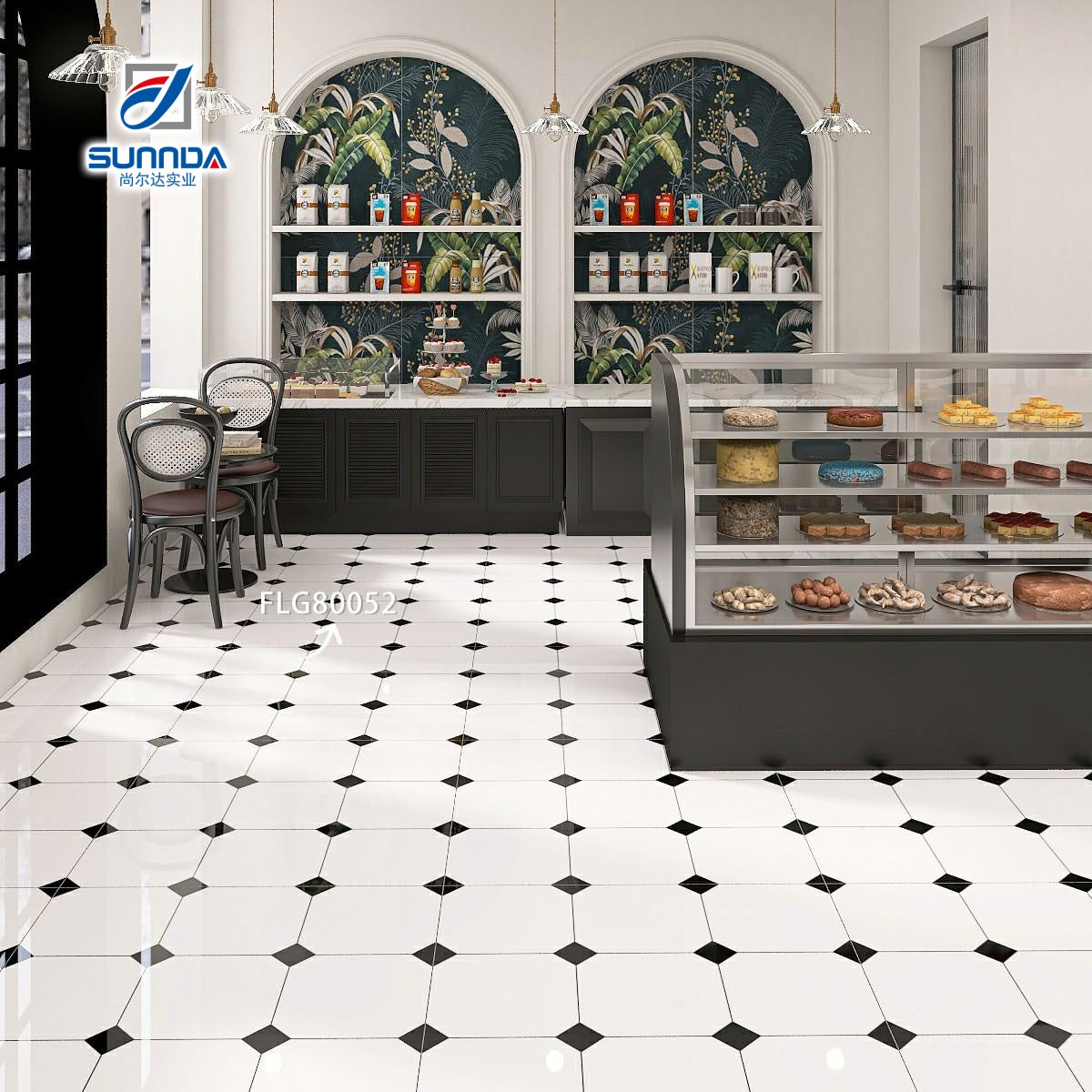 Gạch Lát Sàn Sứ Trang Trí Nhà Cửa Trắng Đen Họa Tiết Hoa Tráng Men Bóng Mờ