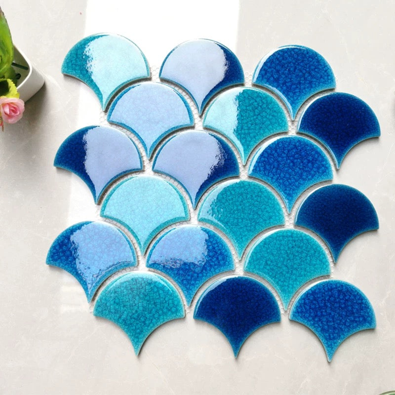 Gạch Mosaic Gốm Sứ Men Rạn Băng Hình Quạt Họa Tiết Vảy Cá Xanh Dương Ốp Tường Phòng Tắm Spa Hồ Bơi