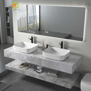 Tủ lavabo bằng đá phiến kiểu Châu Âu, bồn rửa mặt đôi bằng đá cẩm thạch, gắn tường, gương LED