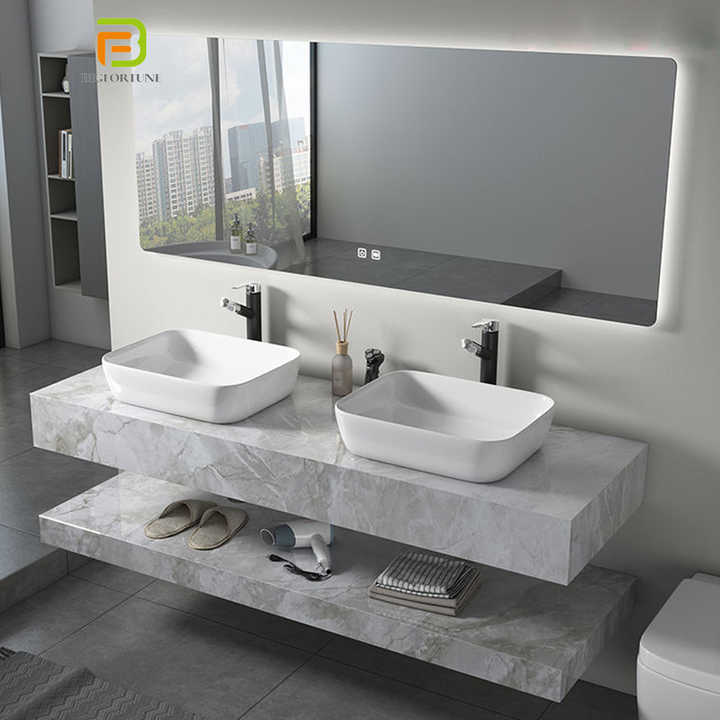 Tủ lavabo bằng đá phiến kiểu Châu Âu, bồn rửa mặt đôi bằng đá cẩm thạch, gắn tường, gương LED